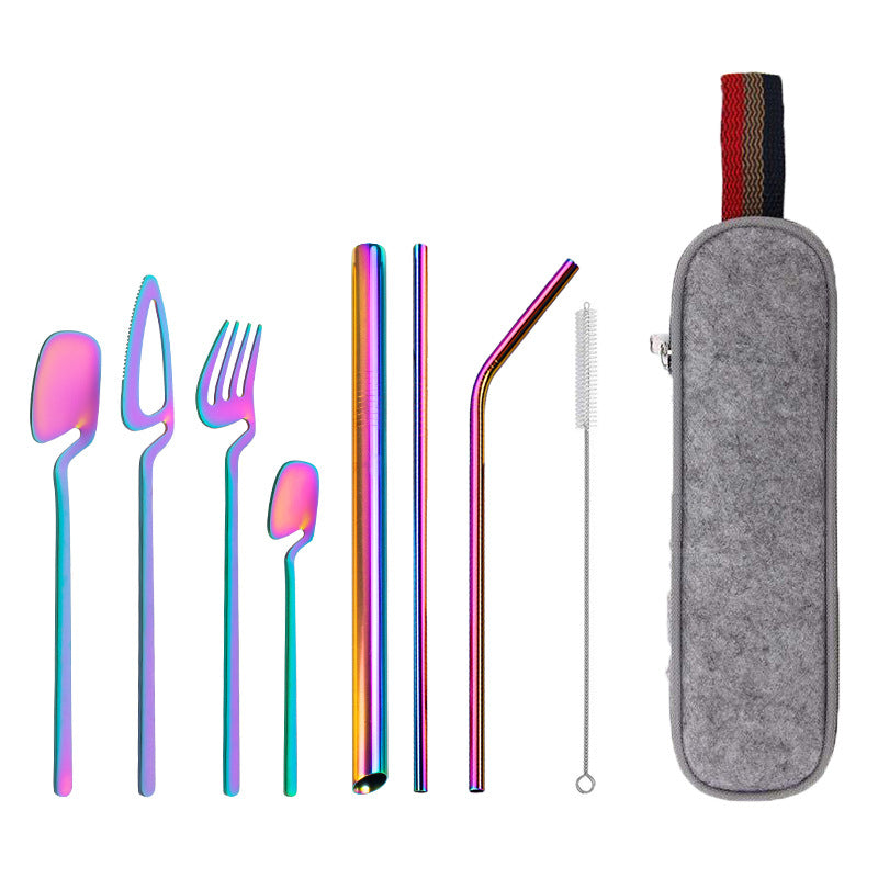 New 304 Stainless Steel Straw Combination Knife, Fork And Spoon Outdoor Travel Camping Portable Tableware Set