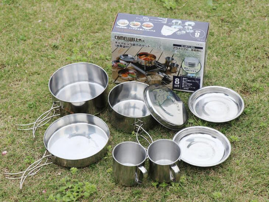 Mayitr 8Pcs Stainless Steel Outdoor Camping Picnic Pot Pan Kit Camping Backpacking Hiking Cookware Set High quality